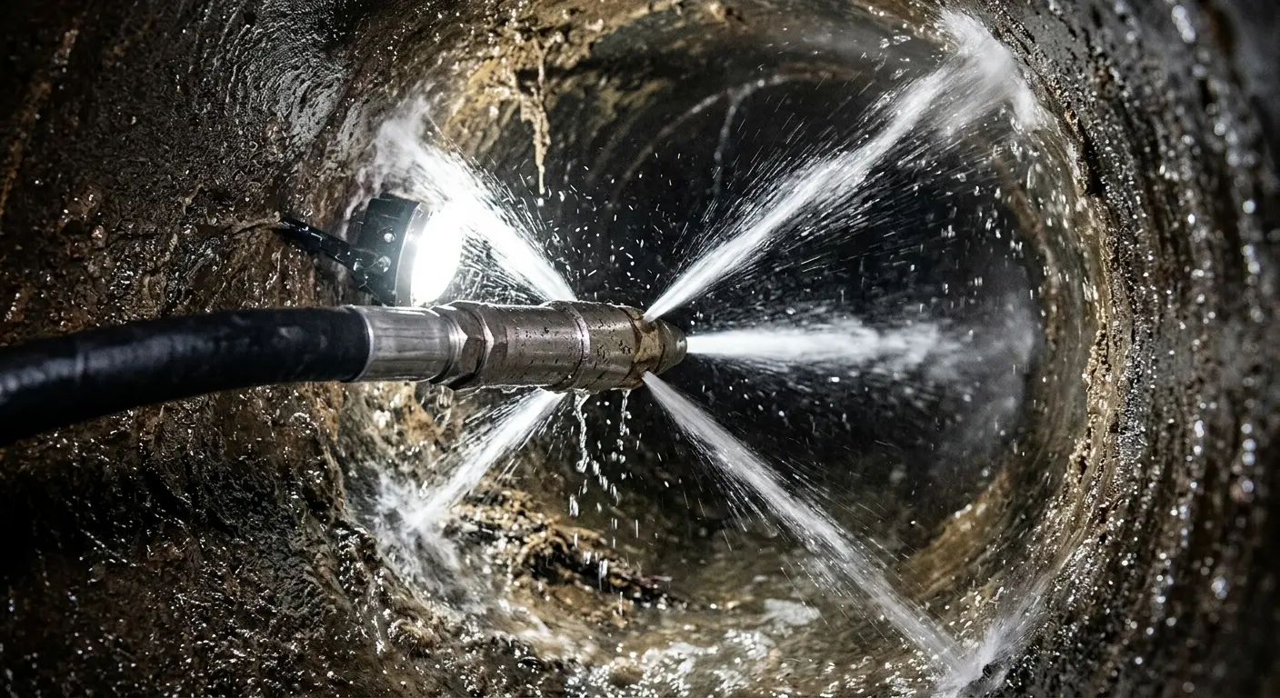 High-pressure hydro jetting nozzle cleaning sewer pipe for Emergency Drain Service in Port St. Lucie