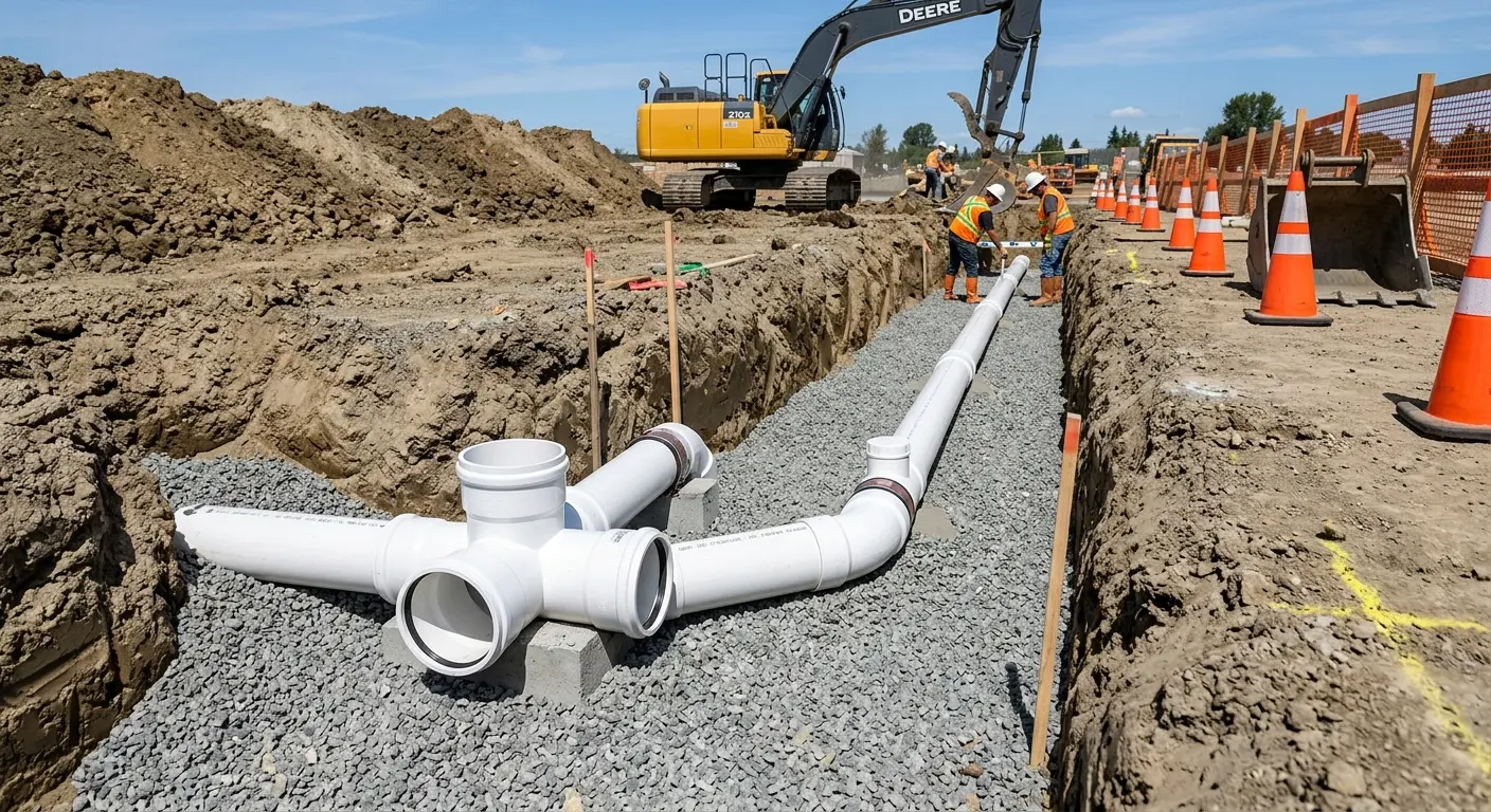 New PVC sewer pipe installation in open trench for Grease Trap Cleaning in Port St. Lucie