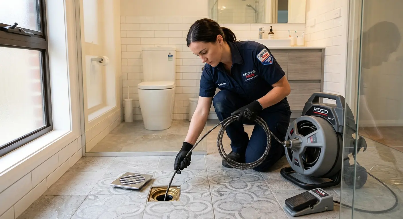 Technician clearing a bathroom floor drain for Sewer Line Installation in Port St. Lucie